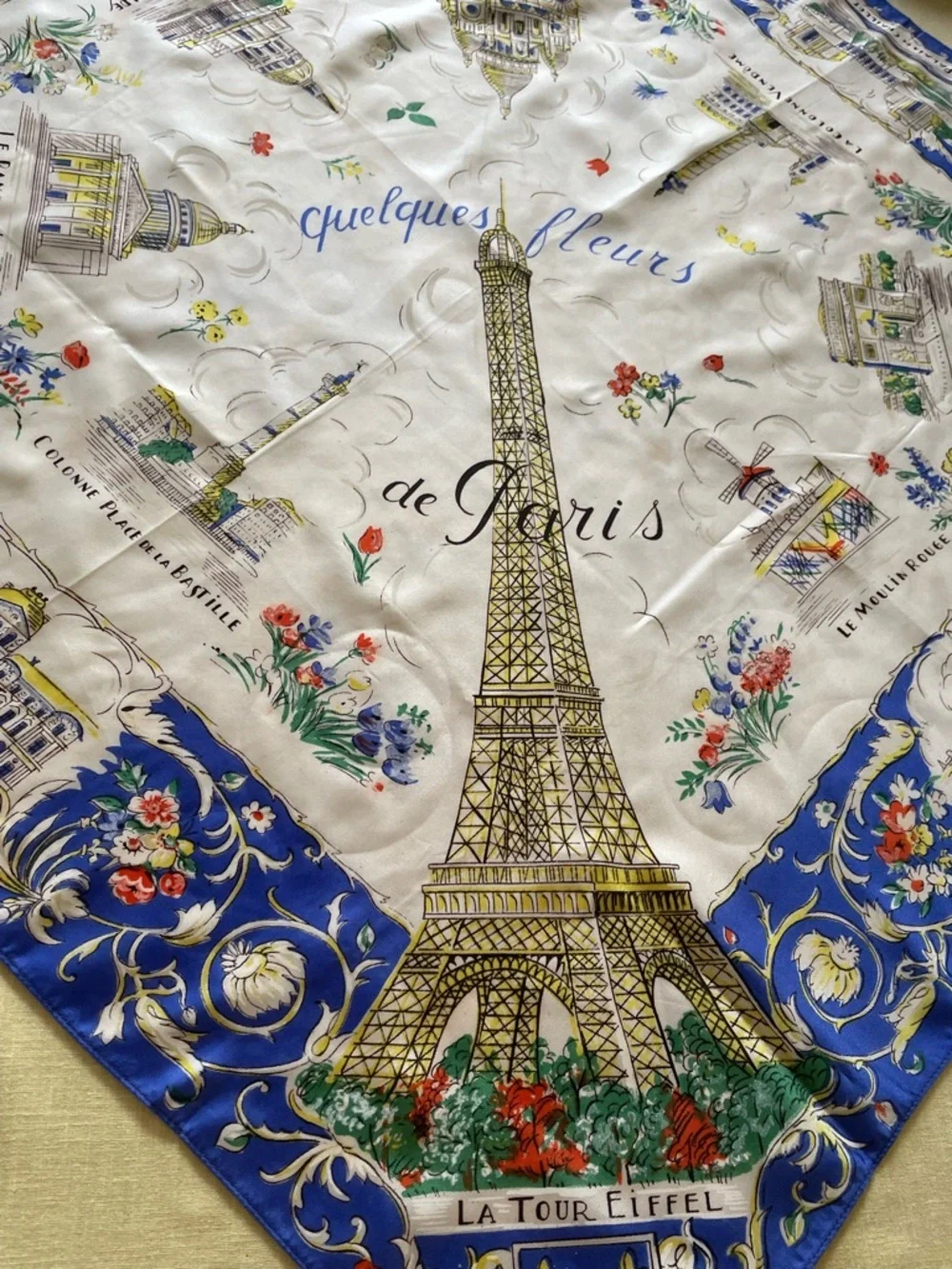 Parisian Eiffel Tower Vintage Souvenir Scarf-Blue, White & Gold Flowers Map